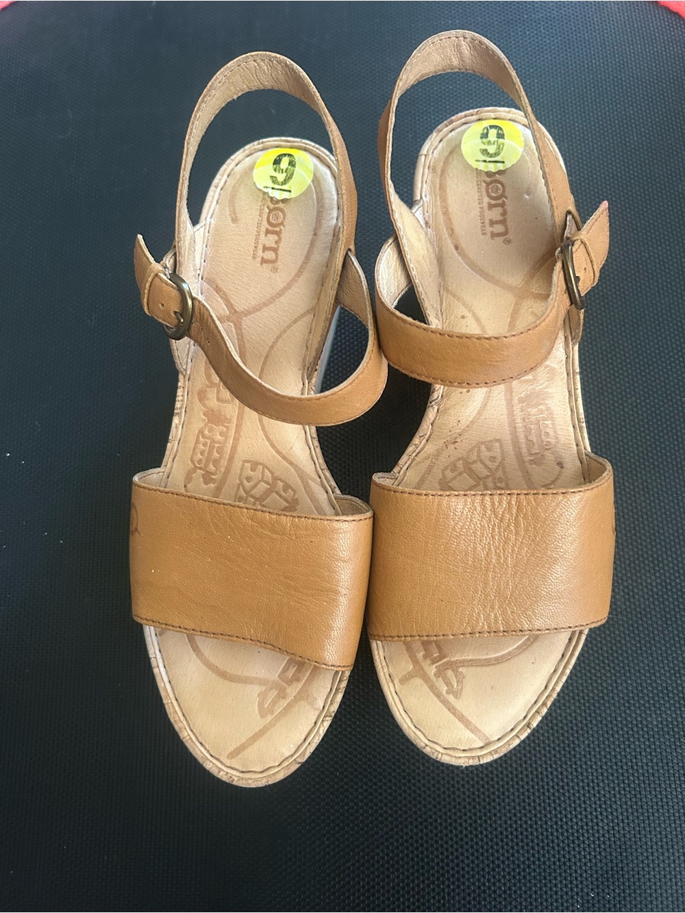 Born Tan Leather Wide-Strap Slingback Cork Wedge Sandals